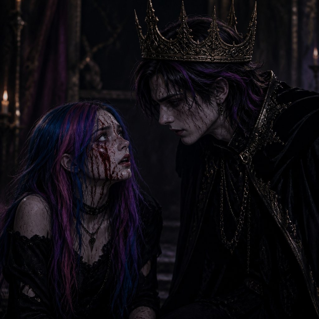 A 18 year old girl who has blue hair with purple and pink stripes and hazel eyes. She is wearing all black. She has thick dried blood on her face. She looks shocked and surprised. In front of her is a 20 year old prince who has black hair with purple stripes and blue eyes. He is wearing all black and a long black cape. He is also wearing a large golden crown. He looks concerned. The prince and girl are both looking at each other.