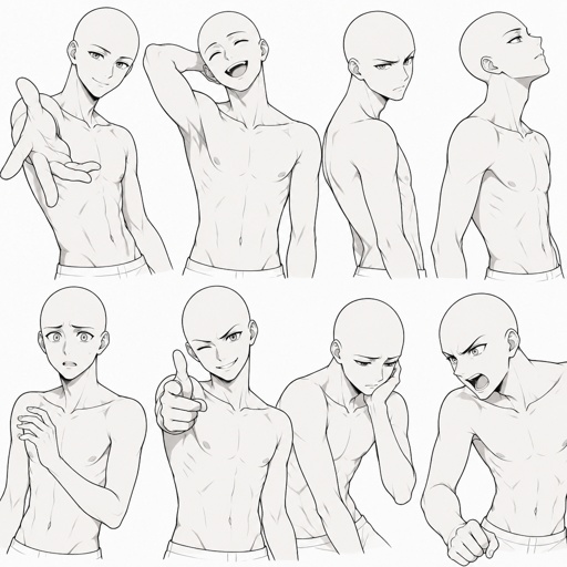 Different face expressions male thin half body drawing base, dynamic, bald, head face expressions