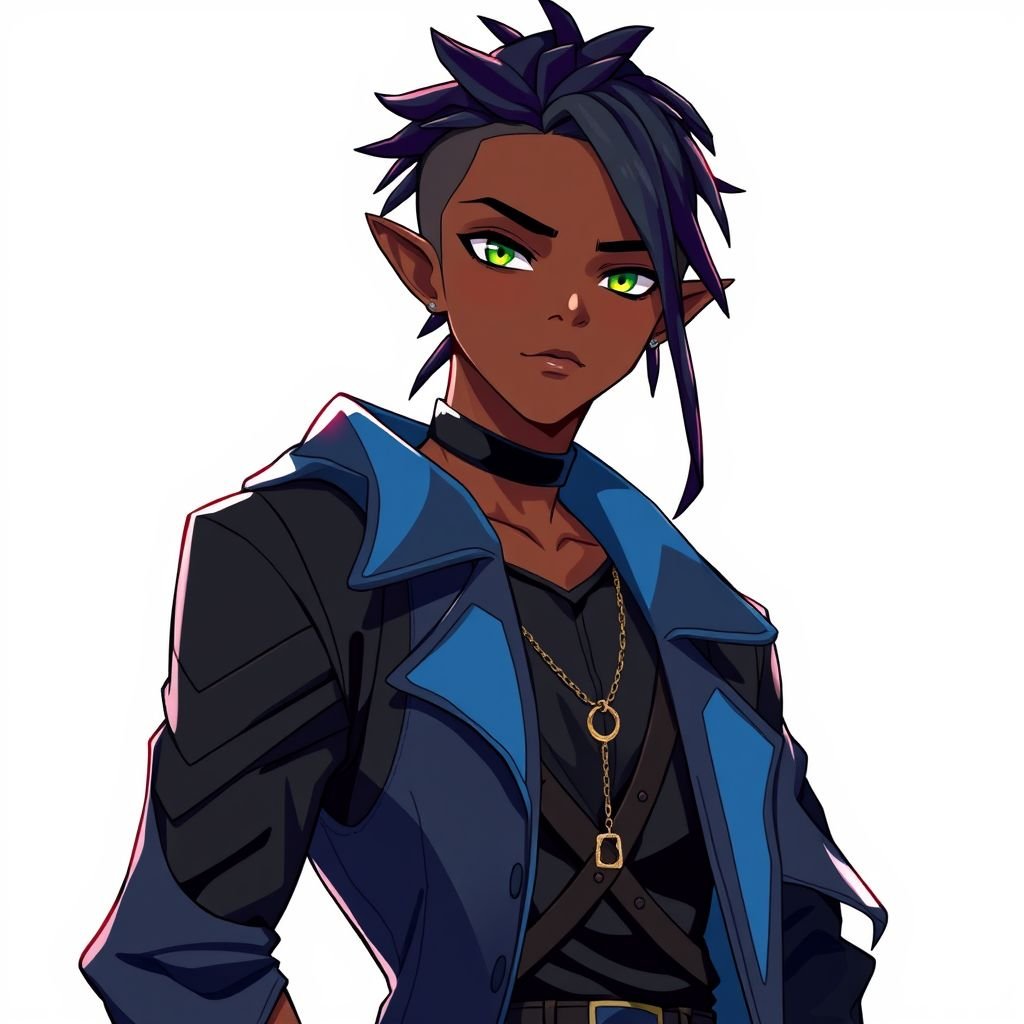 A 19 year old half human and half elf black man with short dreads wearing black and blue
