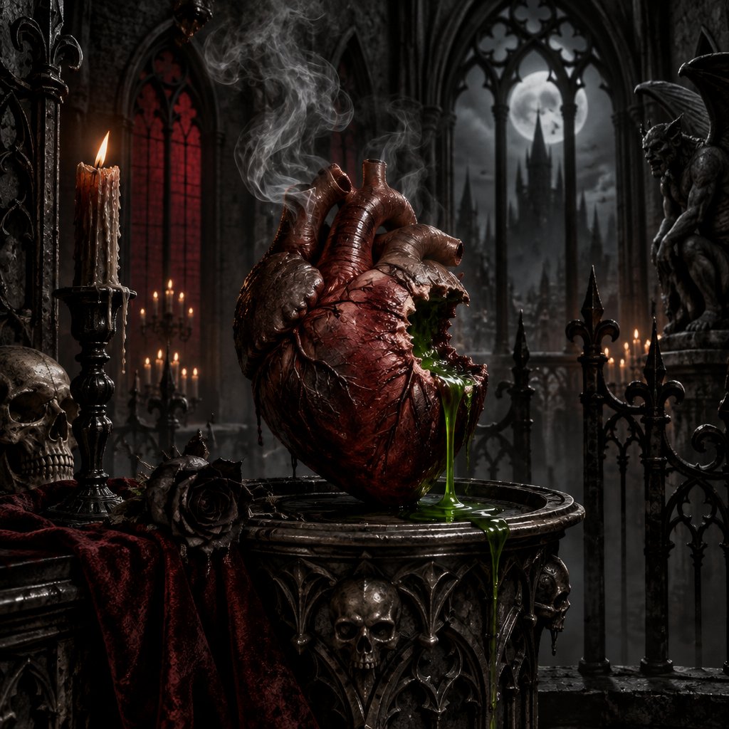 Human heart with bite out smoking and poison dripping