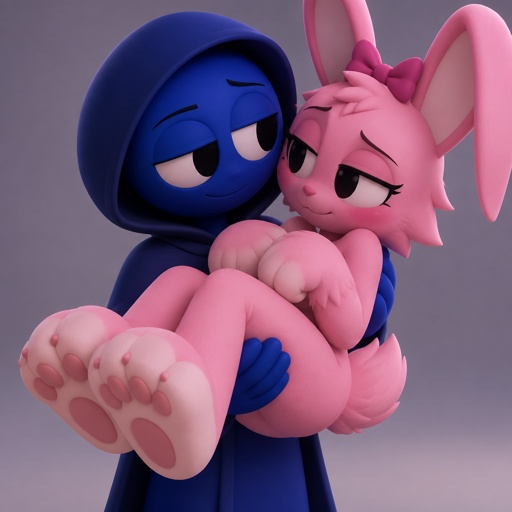 Pinki from Sprunki as her wererabbit self in Jevin from Sprunkis arms with her hands and feet being the stronger paws of her Wererabbit form