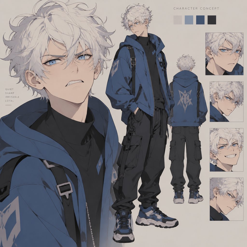 Male, fluffy white hair, big blue eyes, long smile, wears blue, irritated