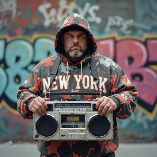 Create a funny fat guy who isnt friendly from New York  has a boom box radio , make the graphics not human 
