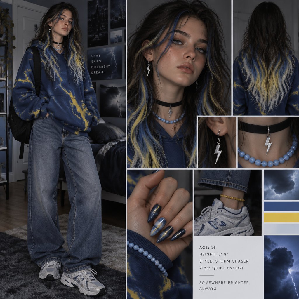 Female, 16, 5 feet and 8 inches tall, long mid back hair with blue yellow and white tips, a black choker with a drop down lightning bolt, a light blue beaded necklace, resting bitch face, oversized blue hoodie with a marbled look with electric yellow, one light blue marble beaded bracket around a wrist, baggy jeans, an electric yellow beaded anklet, running shoes, drop down lightning earrings, and mid almond thunderstorm color themed nails.