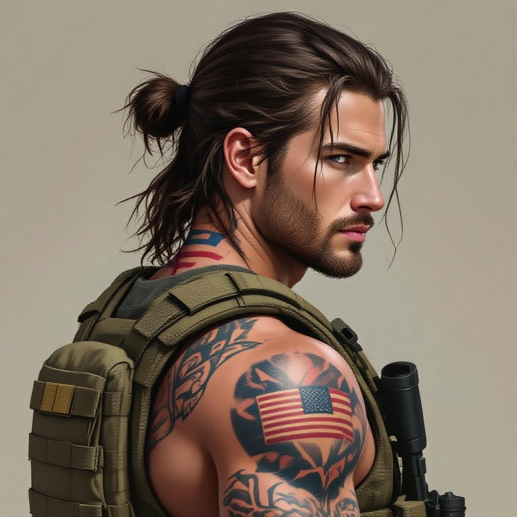 White younger American man, Army attire (full tactical), dark brown hair, muscular, tattoo of the American flag on the back of neck, soft facial expression, long messy hair with a little ponytail, blue eyes, no facial hair