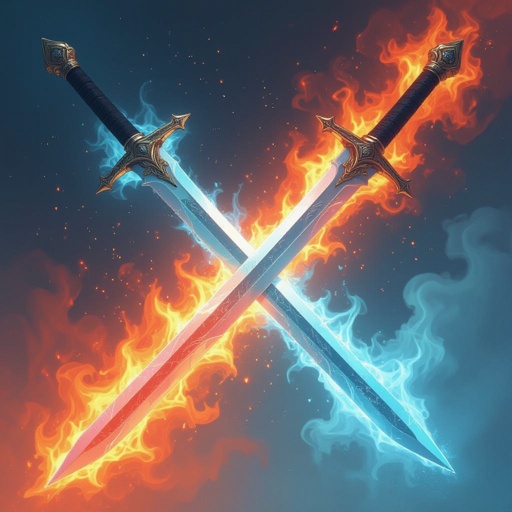 2 swords crossed no human with fire and ice coming from them