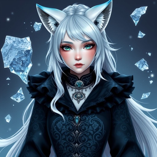 A pale teenage girl. Hair as white as snow with cyan tips, emerald eyes and small fox ears wearing mystic royal black top and trousers conducting ice (Russian themed)