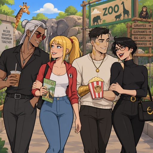 Kado Thorne from Fortnite pale white hair medium length back hair bun clean shaven, Samus Aran zero suit, Midas from Fortnite not gold skin clean shaven, Bayonetta from super smash bros short hair, all the zoo, all wearing casual clothes, double date 