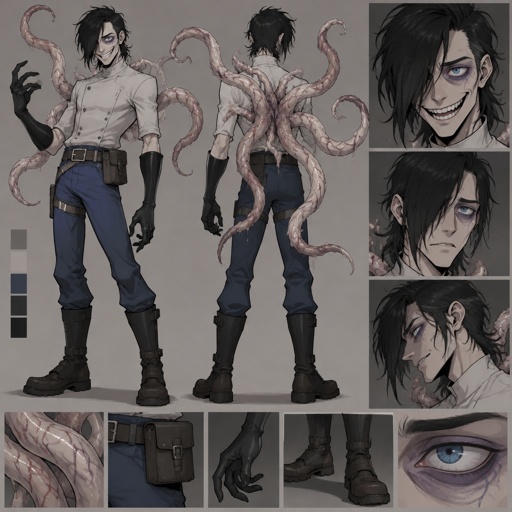 Male, black messy greasy hair, crazy smile, thin shoulder length hair in the back, long hair in the front covering one eye, blue eyes, eye bags, veins under eyes, pale tendrils coming out of back with veins, blue pants, boots, black rubber gloves, short scientist jacket buttoned up, belt with pouch, cartoon style