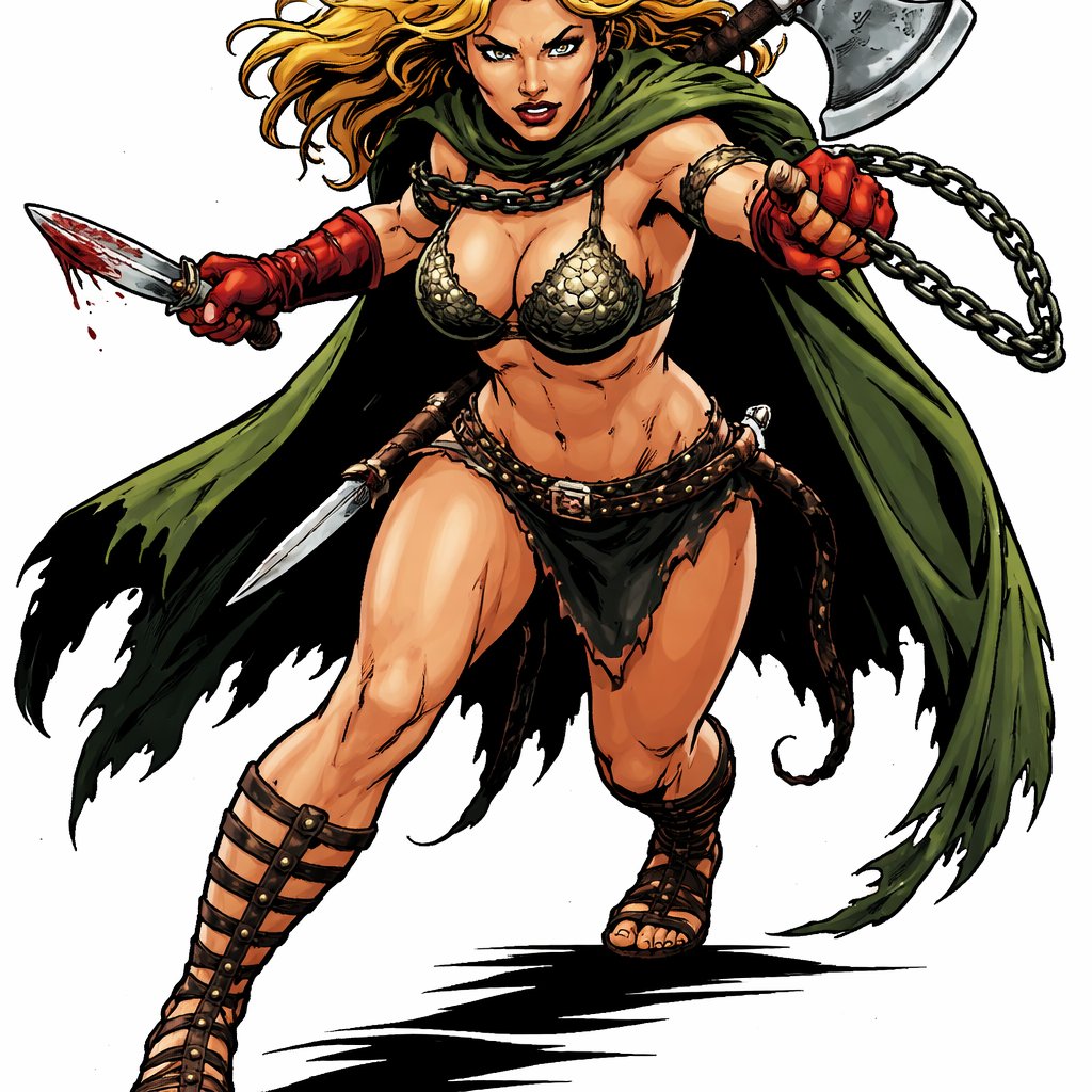 Woman warrior with short blade , chain , gloves red , naked legs , sandals, lonly chained braa, and clock green with axe on back and knife in kilt near body