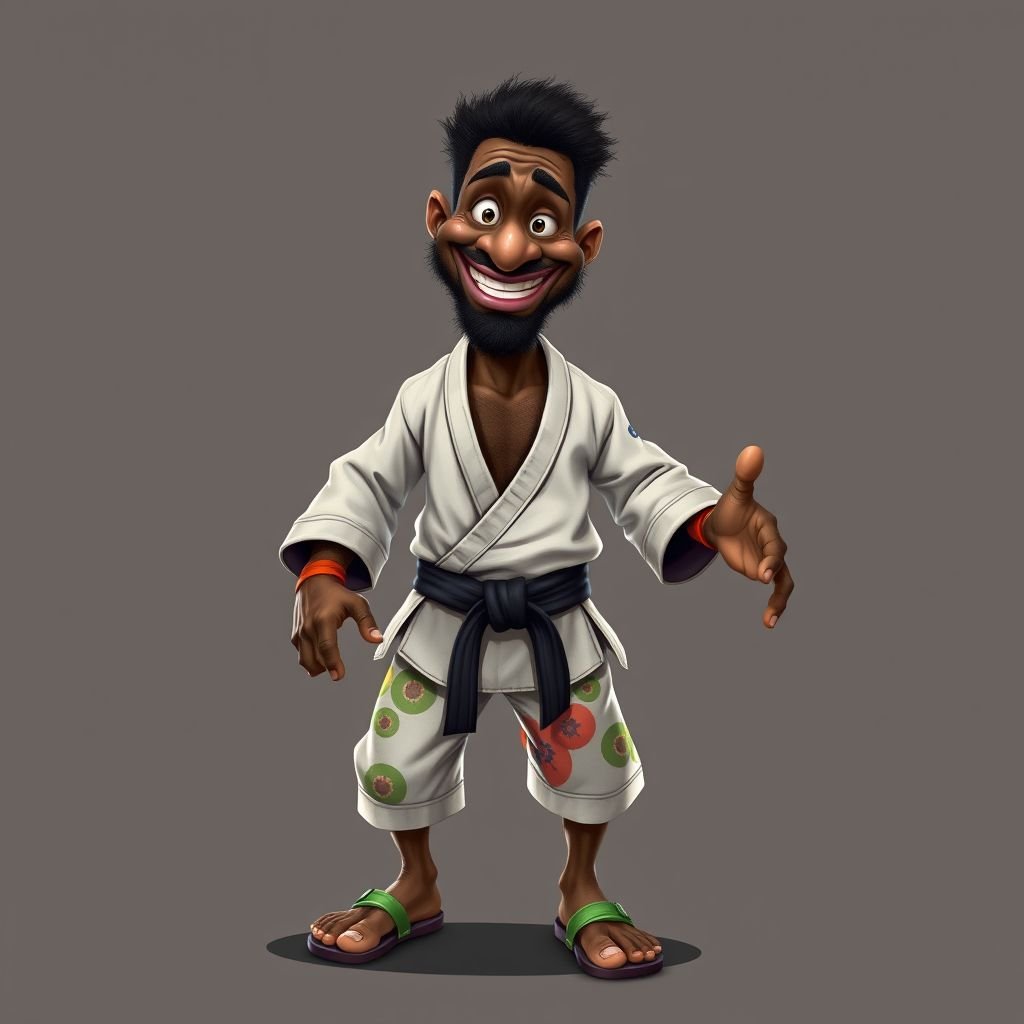 Create a character who looks like a funny African karate guy who doesn’t have a clue what he is doing. Make him have weird toes, only speedos on and a black karate belt.