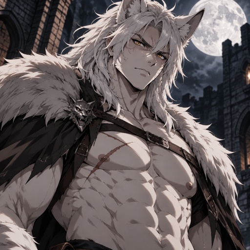 Handsome werewolf muscular male white hair gold eyes