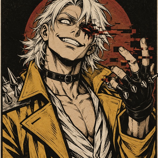 Male, cheekbones, white hair, smooth on top spiky on the bottom, neck length, white eyes, yellow trench coat, metal spike shoulder pads, black choker, low cut white shirt, fingerless gloves with spikes, insane smile, glitch powers, one missing glitchy eye