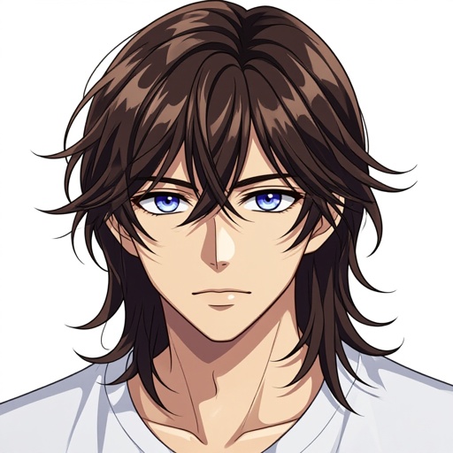 A male character, maybe OC that's based on the BL Manhwa "Dark Fall" with long but slightly wavy hair with bangs that covers his right eye, light brown skin, and light cornflower blue eyes that almost look like they're Leon's beautiful violet eyes. 
