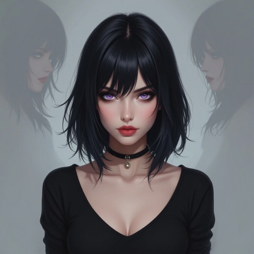 Show her entire body. Create mysterious woman jet-black hair is cut sharp to her jawline, and her violet eyes seem to pierce through darkness. A shadowy aura clings to her form, faint shapes shifting and flickering behind her like whispers of another realm. Show whole body head to toe
