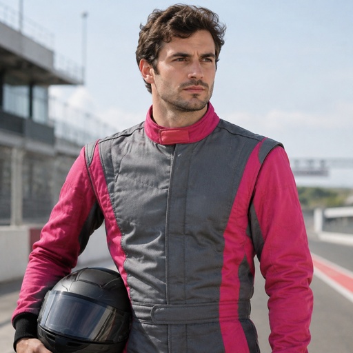 A man in a dark pink and grey racing uniform with no logos or sponsors 