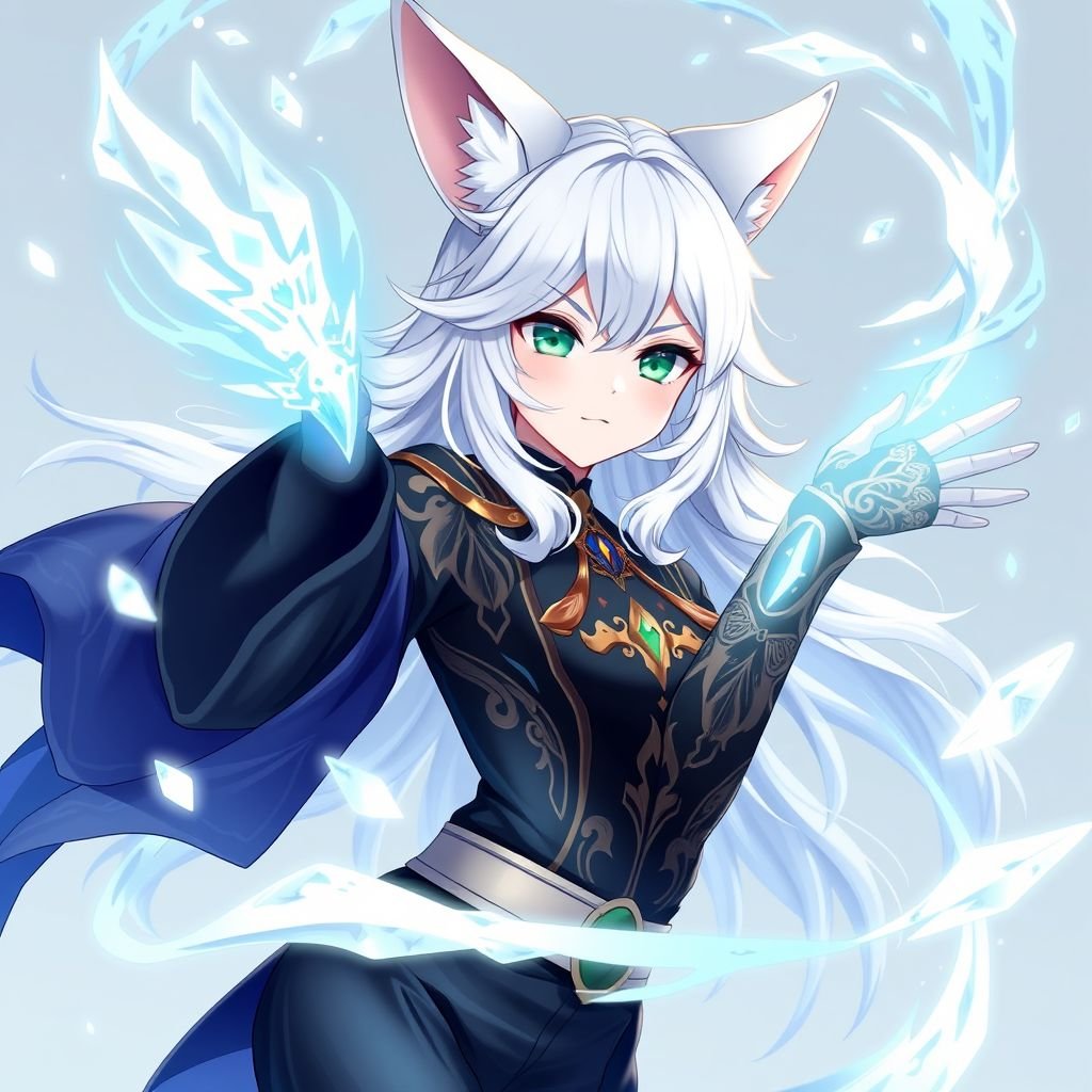 (Genshin Impact based) A pale teenage girl with a Cryo Vision wearing a royal black top and trousers with hair and small fox ears as white as snow with emerald eyes and conducting ice. She also has an ancient mythical right arm