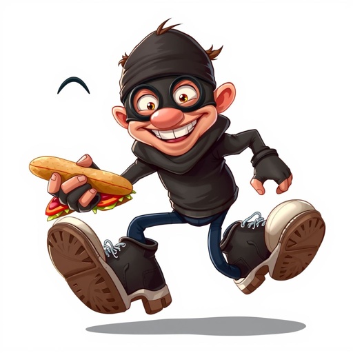 Create a funny looking clumsy thief with funny shoes on. Make him have on the bandit black thing around his eyes. And wanted for stealing sandwiches 