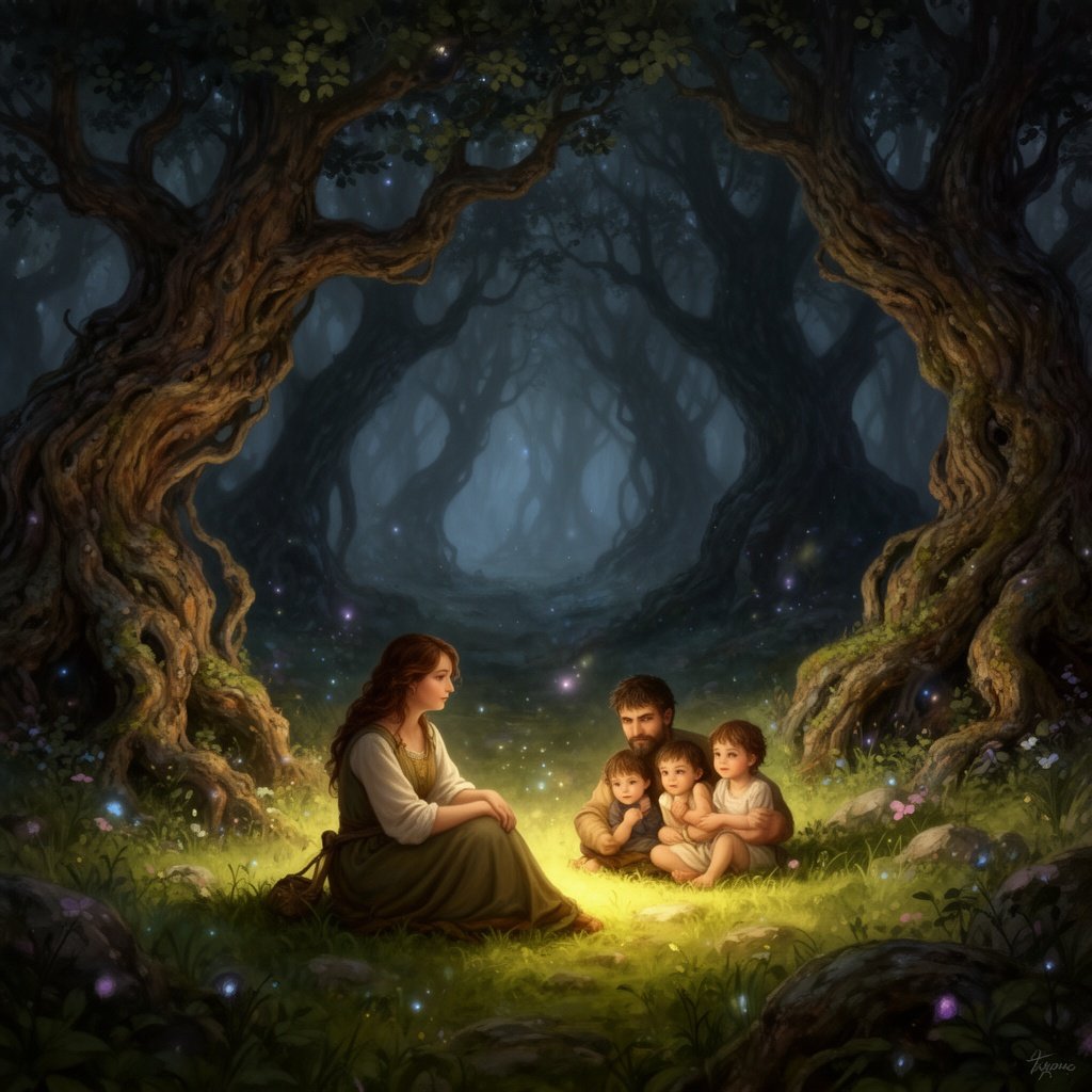 A small lush glen where A woman with her husband and 3 children sit quietly while outside the woods look dark