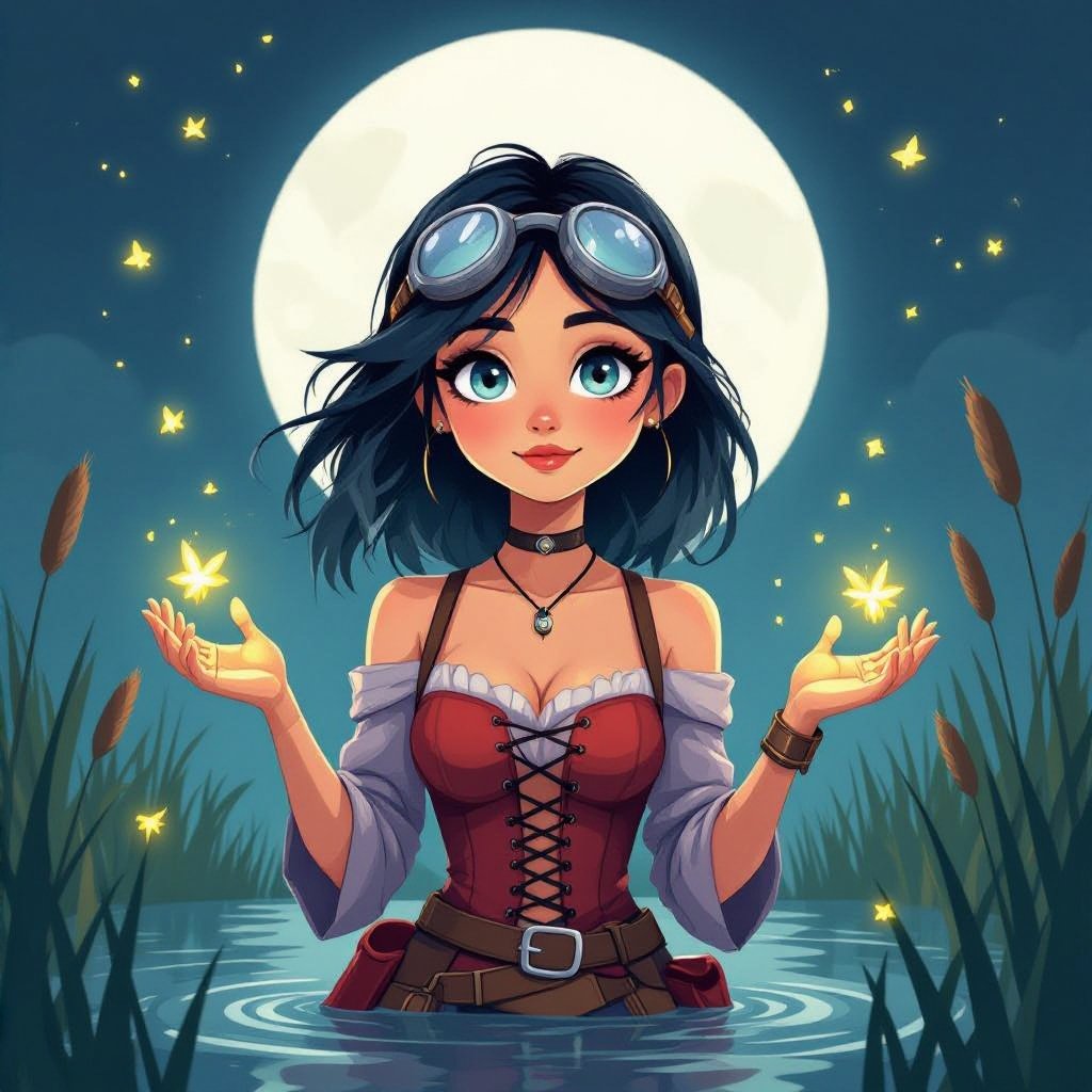 The Firefly Hollow, standing beneath the humid moonlight of Eendood’s swamp city. The air is thick with mist and golden fireflies drifting lazily through the damp night. She has pale, ghost-touched skin with faint silver veins beneath the surface and soft gray-blue eyes glowing faintly in the haze. Her shoulder-length black hair bears a distinct shock of white through the front, catching the light like a spectral mark. Silver goggles rest in her hair like a headband. Her thigh-high dusk-lavender tunic resembles a fitted ruched slip, clinging lightly in the humidity — practical, airy, and faintly iridescent under the moonlight. Over it, she wears her dark dried-blood red corset, now open fully down the front like a vest, its seams split and edges curled with age, revealing the lavender tunic beneath. The look is light and travel-worn, suited to the swamp’s heat and mist. She wears no jacket or leggings, her arms and legs bare for freedom of movement, her pallid Hollow One skin softly luminous in the damp air. Her boots remain worn and mud-stained, practical for the marshy terrain. Around her throat is a simple green ribbon, tied neatly into a small bow at the side. At her right hip rests Étienne, her compact ruby-inlaid hand crossbow with visible short bow arms and a carved wooden frame — clearly recognizable as a crossbow, elegant and well-worn. Her hands are outstretched, and fireflies swirl and hover around her palms, glowing gold and white — her Swarmkeeper magic manifest in the haze. The scene glows with soft silver moonlight filtering through humid air; reeds sway, water ripples faintly, and Olivia stands serene — a revenant soul alive amid the still, breathless swamp.