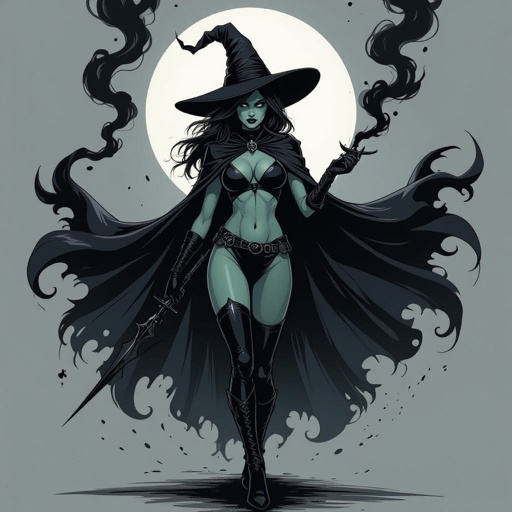 sexy shadow demon witch gypsy slate grey skin large black billowing cloak that emits darkness and shadow smoke. Two piece. Witches Hat.  Wields Black Evil Shadow Smoke Daggers