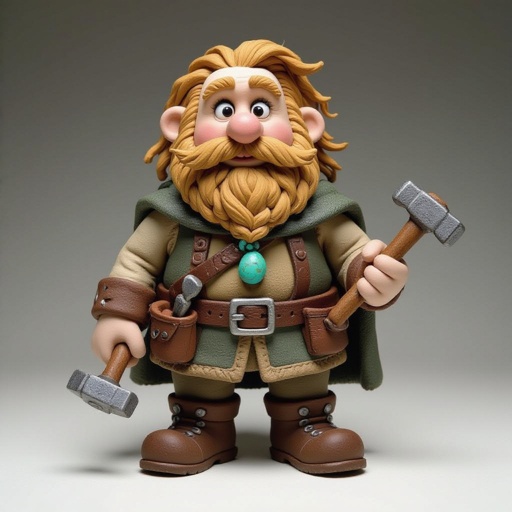 Create a stocky dwarf with a weathered face, braided beard tucked into his belt, and straw-tousled hair. Wears a soot-stained cloak over a leather smith’s vest, tool belt with hammer and chisels, heavy boots. Subtle turquoise rune glow from a pebble at his neck,