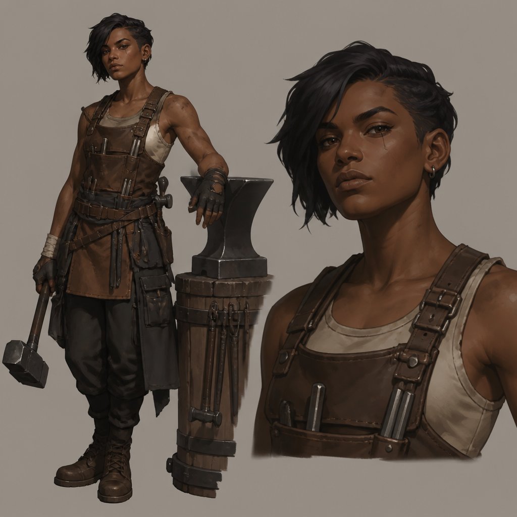 Female, dark skin,half cut neck length black hair, brown vest, tomboy, weapon smith, serious face expression