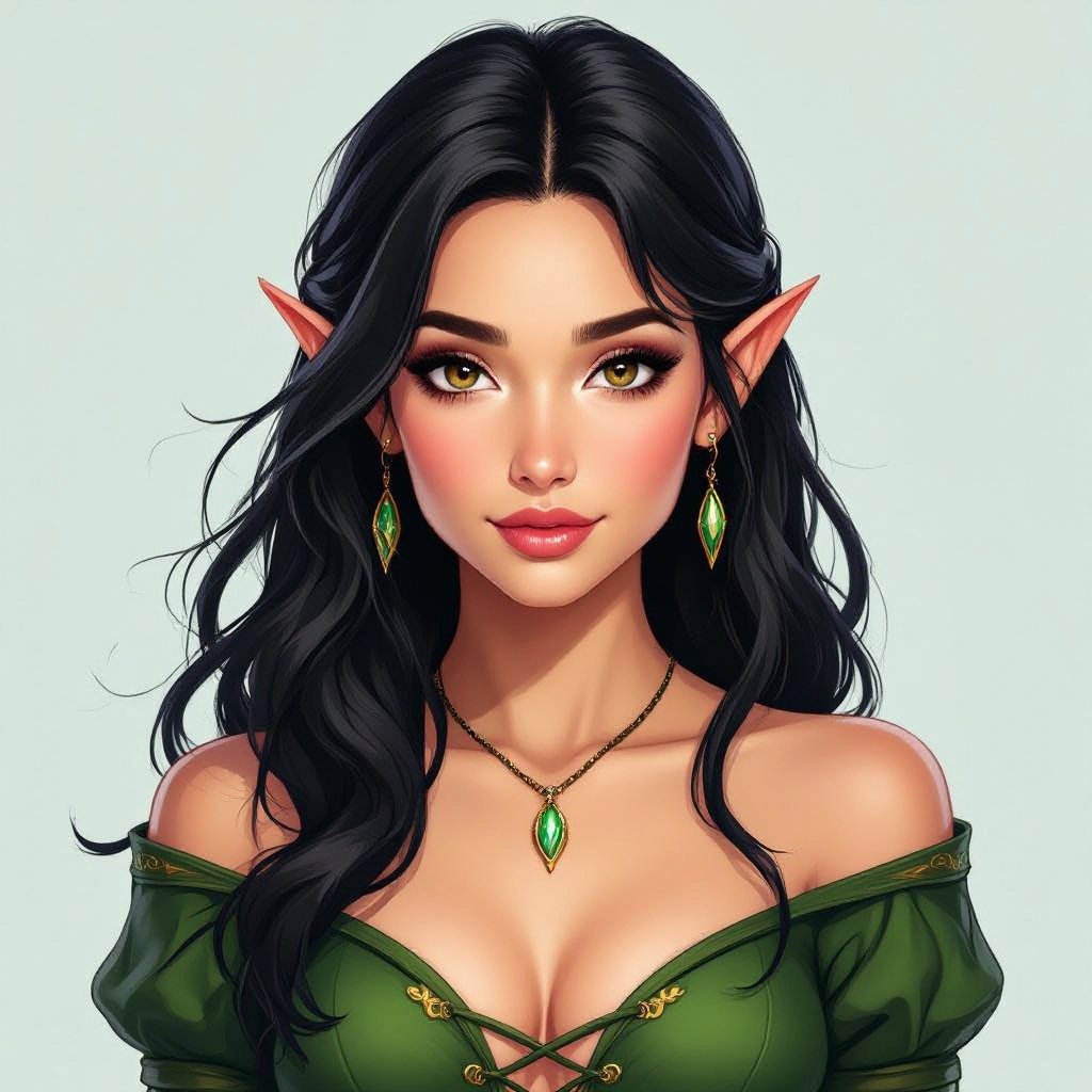 A elf women in her early thirties with black hair and brown eyes