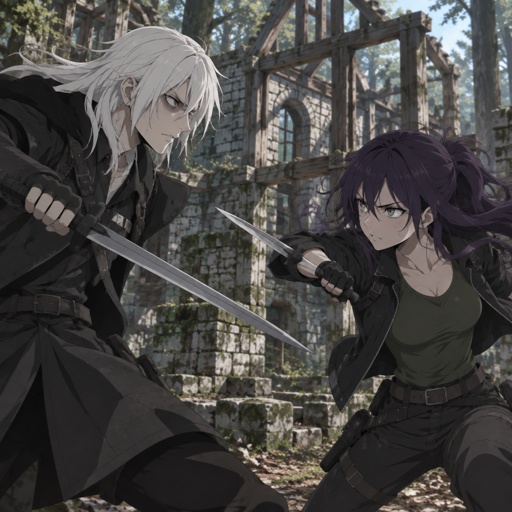 Anime style, male, name kai, highly skilled in fighting all fighting styles and weapons, long long white hair half in face, dark bags, white skin, earrings, history unknown, Female, name is Beth, medium wavy dark purple hair, gray eyes, short, open jacket with a dark green shirt, she is a Bounty Hunter for hire, there fighting in the woods looking at each other Beth with and angry face and Kai with a serious face both are glaring, Beth is a agents