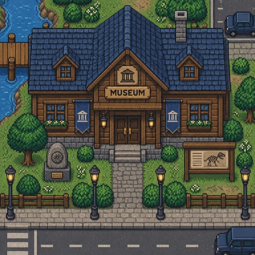Old wood museum for a fantasy game set in modern times, exterior, top-down style,