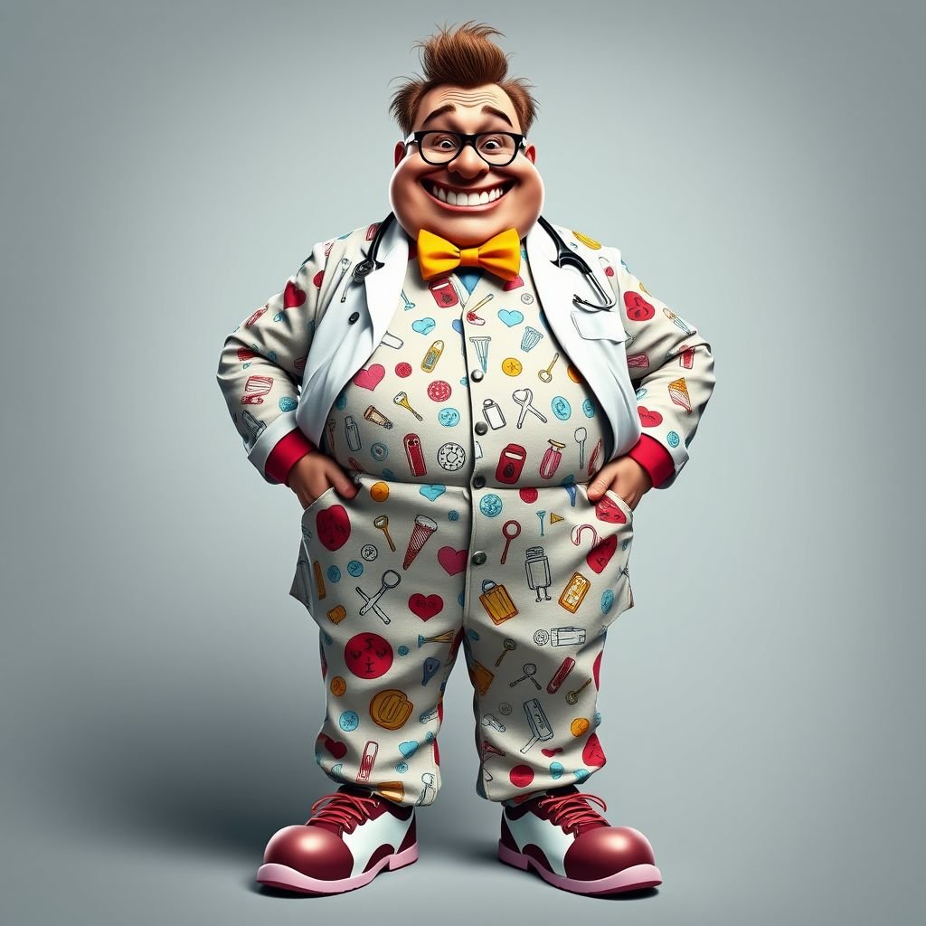 create a fat doctor. Who is funny human looking from head to toe. And he always immediately results to surgery for anything even small things. So please be sure to show his whole outfit head to toe. Make him have funny teeth 