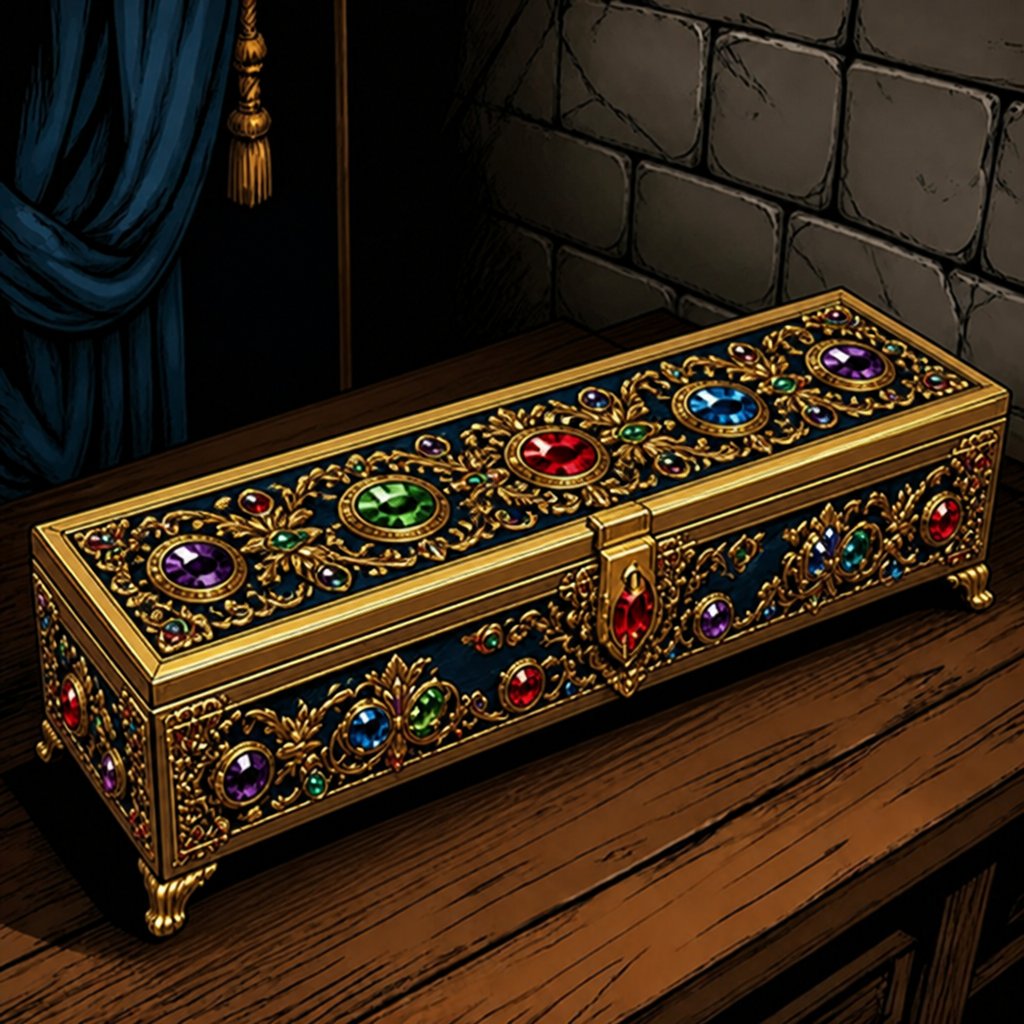 a gold box with jewels on a wooden table