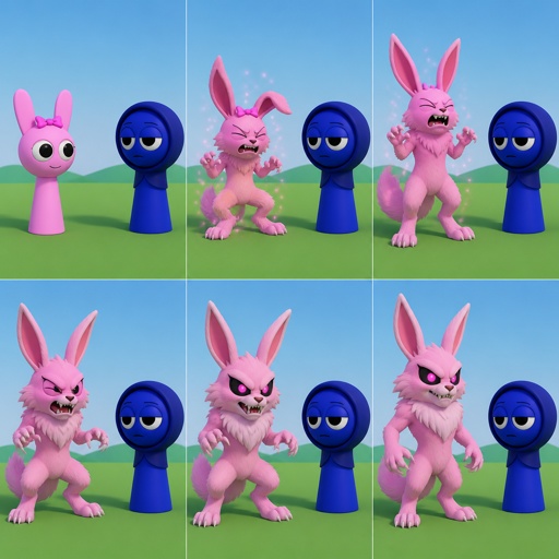 Pinki from sprunki starting to turn into her kind Wererabbit self in front of Jevin from sprunki with her legs and tail transforming and then her arms and then her ears and her neck gets fluffy and then she’s fully transformed with her eyes being black and pink