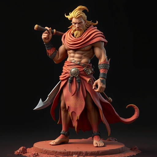 Create handsome hero Rhen the Fire – A lean, muscular man. He wears layered, flowing desert robes dyed in warm reds and golds, with scorch marks where flames have licked them. A curved blade hangs at his hip. Show whole body head to toe including her shoes.