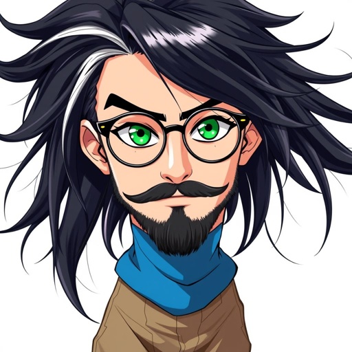 Make a man that is very tall with black hair with some white tips. Harry Potter glasses. Blue shirt. Green eyes. A shaved beard. And light brown pants.