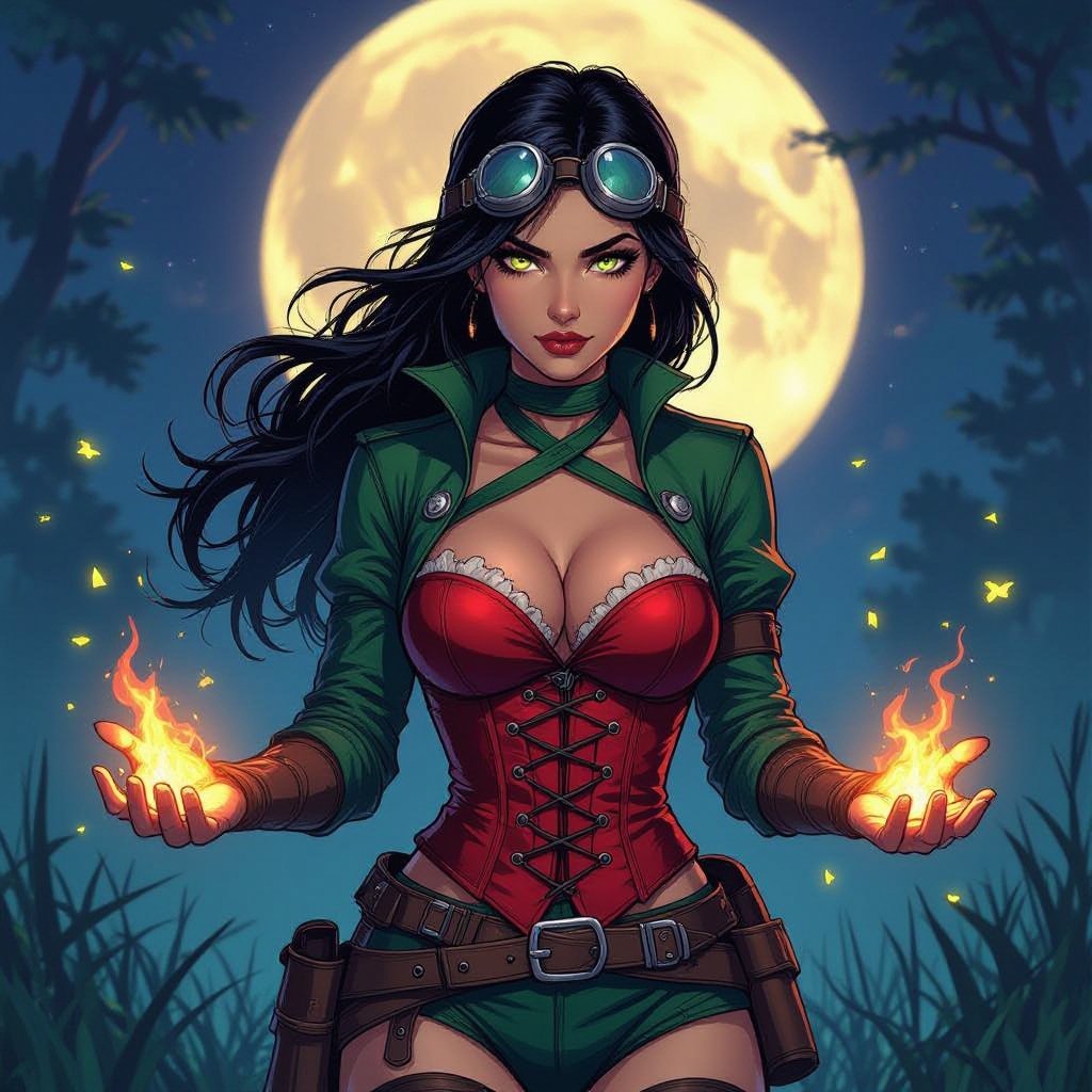 female Hollow One ranger, swamp moonlight lighting, dusk-lavender tunic, open red corset, green ribbon at neck, silver goggles in hair, fireflies swirling around hands, cinematic fantasy realism.