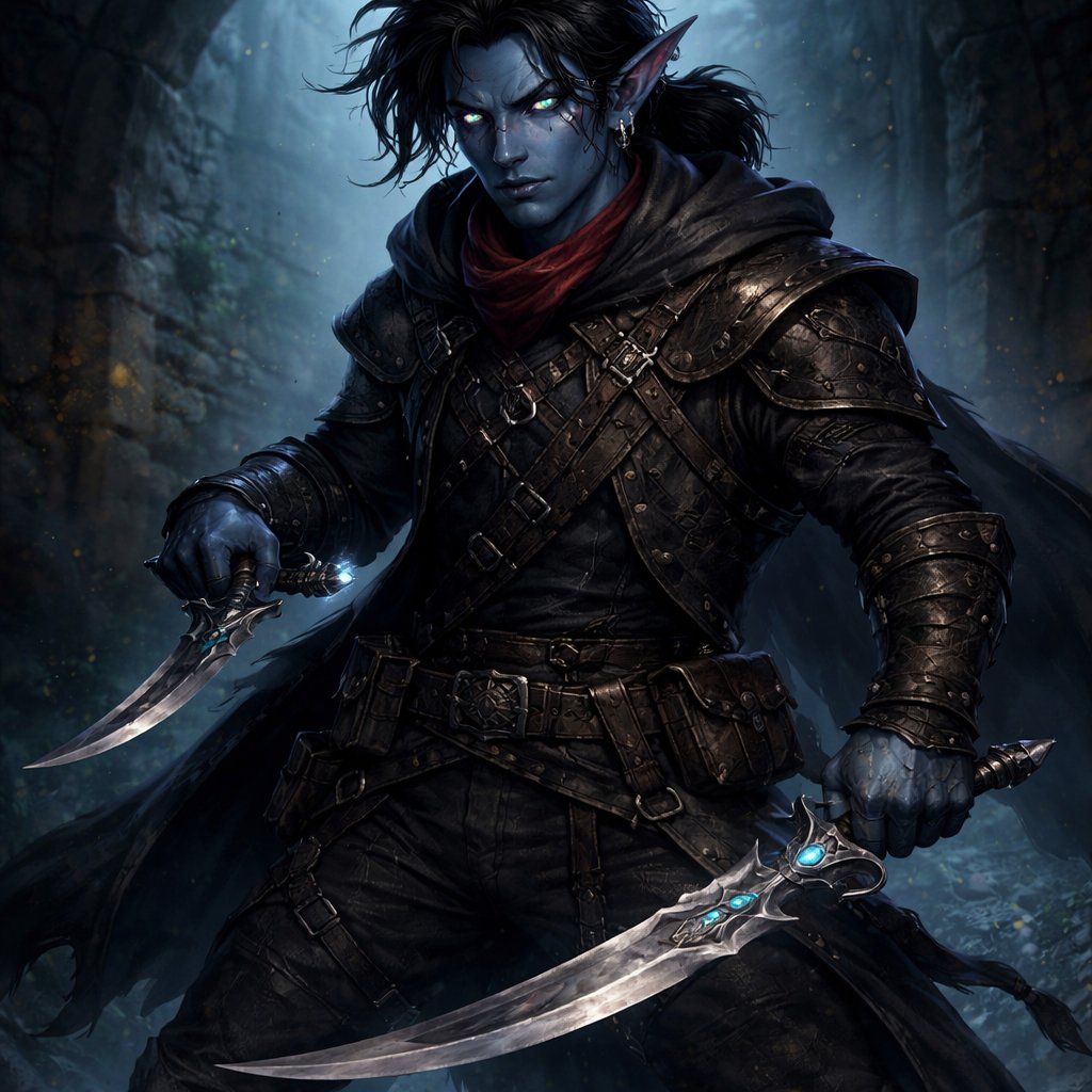 Darkblue skinned half elf, with a nose and earpiercing. He holds two daggers. 1st dagger is this shorter more assasin like and the other is this more like a scheat looking one. The daggers can also attach to eachother to form a bigger wepon. He is wearing semi worn out clothes