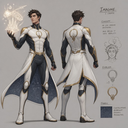 Male superhero with the ability to create anything he can imagine, uniform design