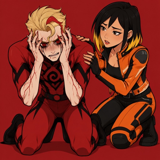 Male, blonde greased brushed back hair, neck length hair, curl on forehead, red streak in hair, scar on lip, red and black spiral eyes no whites, slim, superhero with chaos powers, cool outfit red, pointy ears, pointy fingers with red tips, red veins, Asian female with straight black neck length hair, yellow tips, side bangs on one side, eyebrow piercing, under eye mascara, ear piercing, motorcycle clothes orange, gloves, the guy is on his knees with his hands on his head in distress, the female is trying to talk to him to calm him down with a worried look on her face 