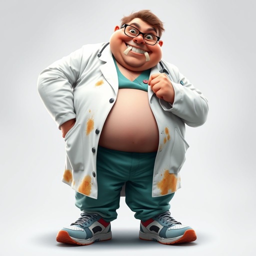 create a fat doctor. Who is funny human looking from head to toe. And he always immediately results to surgery for anything even small things. So please be sure to show his whole outfit head to toe. Make him have 1 tooth. Make it more adult humor instead of cartoon humor.