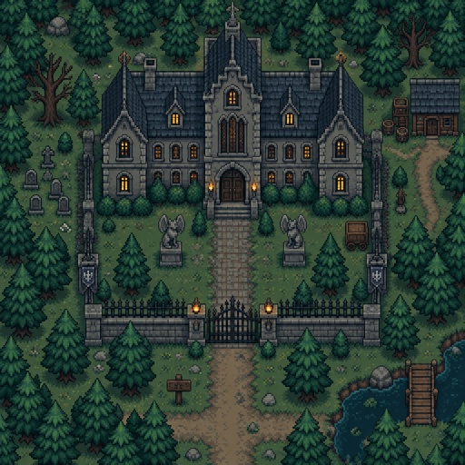 Mansion in the woods for a fantasy game set in modern times village, exterior, top down style