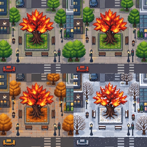 Ember Tree — red/orange leaves that look like tiny flames for a fantasy game set in modern times, in all the seasons, top down style,