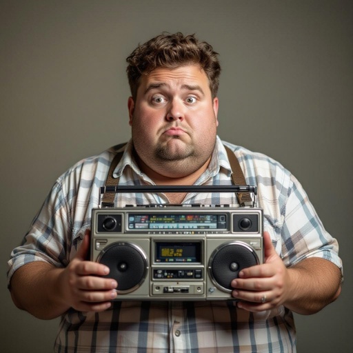 Create a funny fat guy who looks high is has a book box radio 