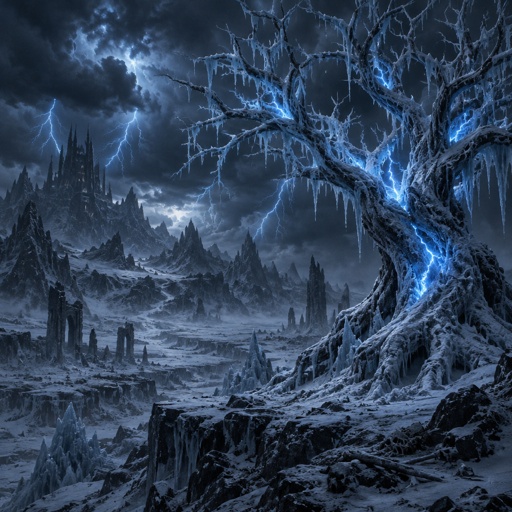 blue lightning storm in a ice waste land, lightning trapped in ice tree