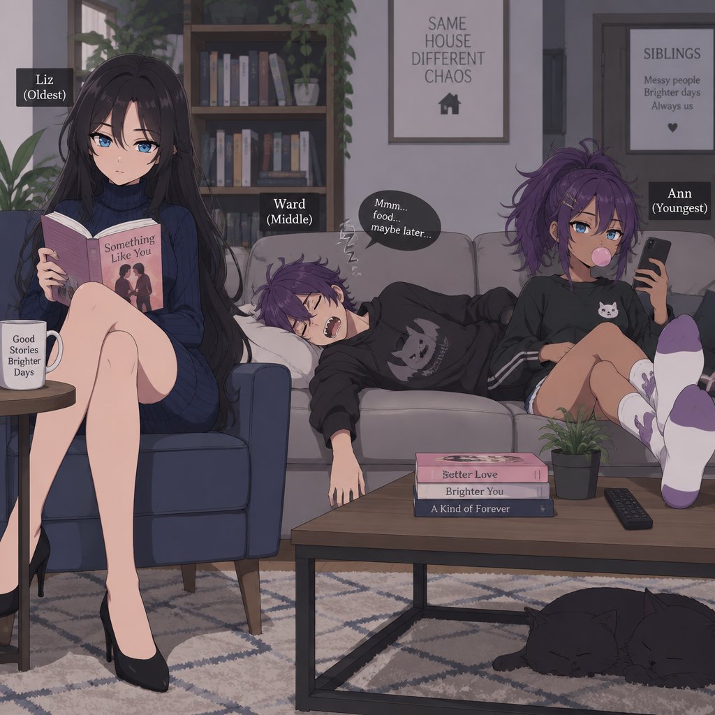 Three siblings, Female name Liz, oldest, tale, pale, beautiful, very call expression, mysterious, black hair long curtain bangs style, bright blue eyes, wearing a dark blue long turtleneck dress, high heels, eye liner,dark eye shadow,red lips, wearing jewelry, Anime style, Agent Ward male, middle child, made to be a weapon, highly skilled, emergency backup case he gets out of control, hair violet messy bun, clean shaven, night vision eyes, sharp teeth, strong dark power, tall, intimidating, easily gets headaches , he's used as an emergence backup weapon in an agency he works for,Female Ann, youngest sibling, medium hight, tan, blue eyes, vivid purple dim hair in a messy bun her front hair is swooped down in her right side, mischievous,all in casual clothes,In living room,Liz on chair reading a romance book,Ann on phone blowing bubblegum on a wooden chair her feet on the table ,ward he’s passed out on couch mumbling in his sleep