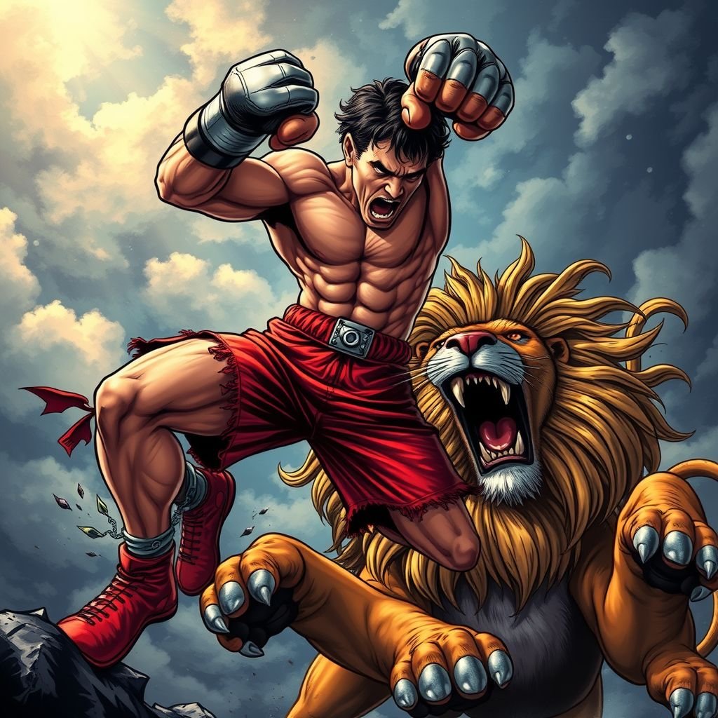 A boxer with metal hands battling a lion