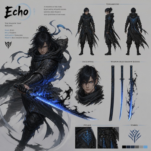 male assassin name echo, time power, light blue eyes, blue shadow katana