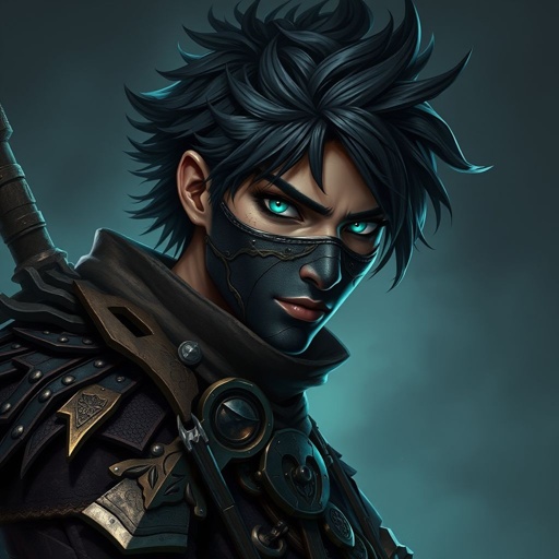 Black short feathered hair Caucasian sea green eyes in bandit armor  