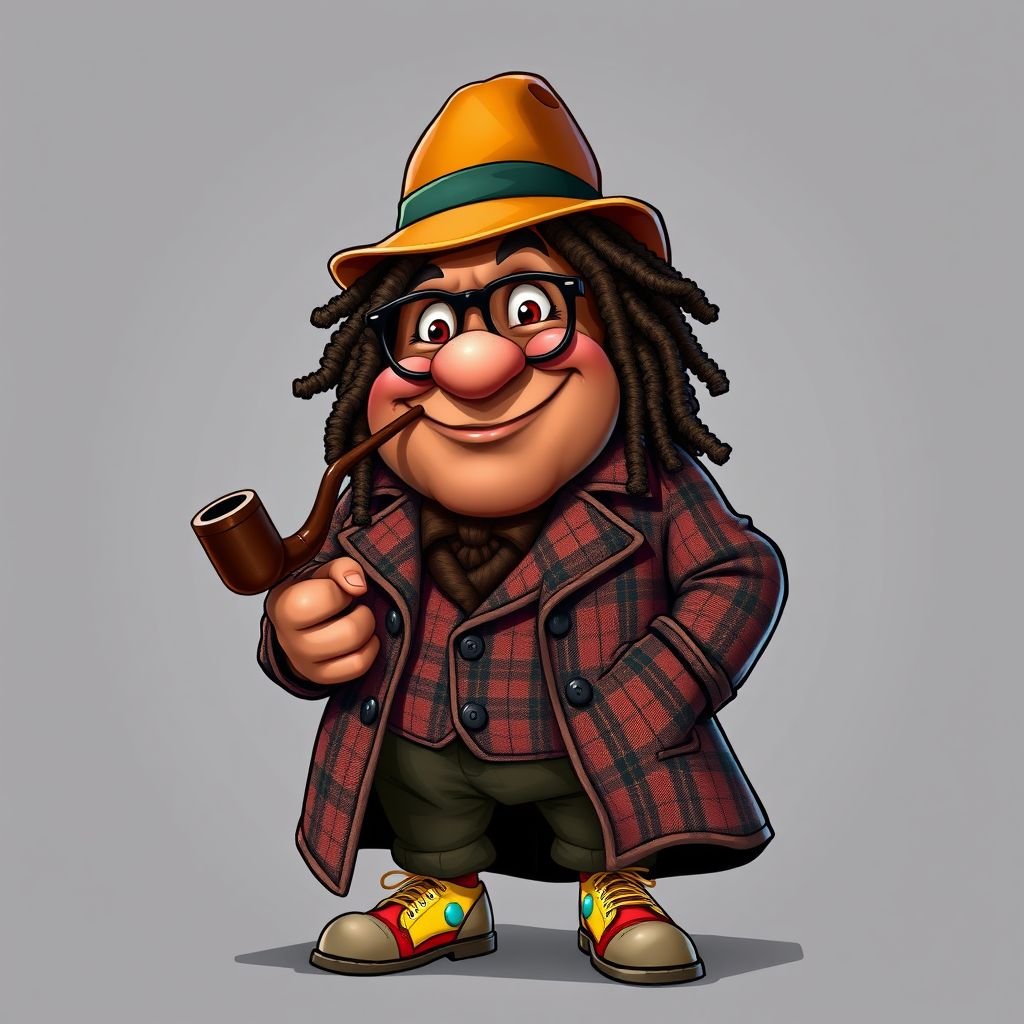 Create a funny fat character similar to Sherlock Holmes, but make him of black decent and with dread locks. Show his whole outfit including his shoes.