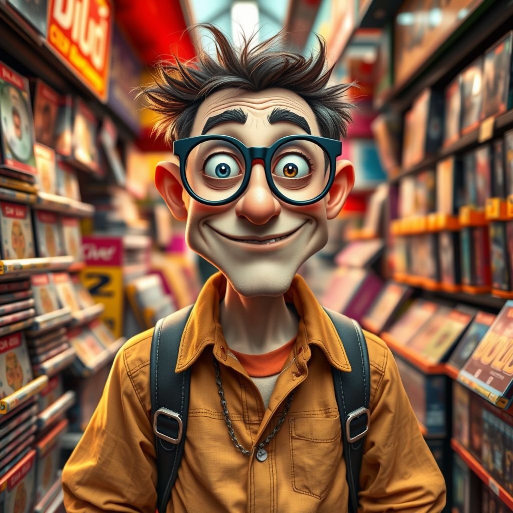 create a guy name bootleg who sellers dvd’s for movies that are fake dvds. Make him funny looking. And make sure the image shows him head to toe like his whole outfit 